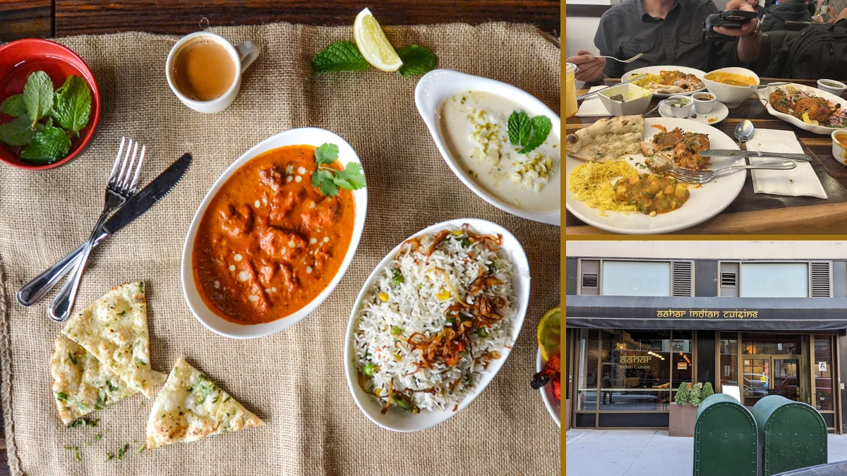 Warm plated Indian dishes on a restaurant table.